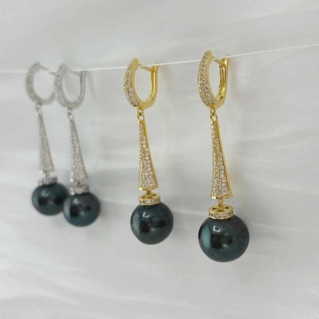 Bông Tai Ngọc Trai Phối Chuôi Bạc Dài Móc Câu Có Khoá Đính Pha Lê Lấp Lánh MADAME HIEN PEARLS Bông Tai Thiết Kế Cao Cấp BTT077
