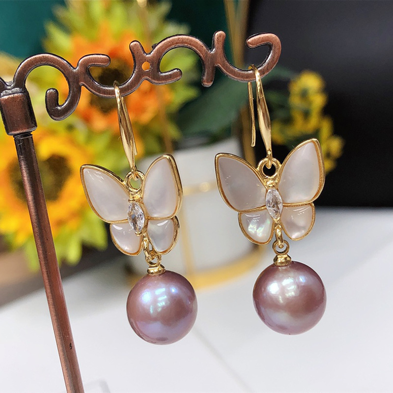 Bông Tai Ngọc Trai Tím Tự Nhiên Bạc s925 Mạ Vàng Thật 18K Dáng Bướm Hồ Điệp MADAME HIEN PEARLS BTT065