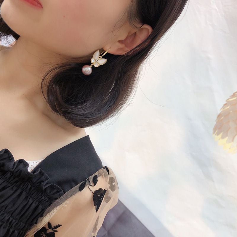 Bông Tai Ngọc Trai Tím Tự Nhiên Bạc s925 Mạ Vàng Thật 18K Dáng Bướm Hồ Điệp MADAME HIEN PEARLS BTT065