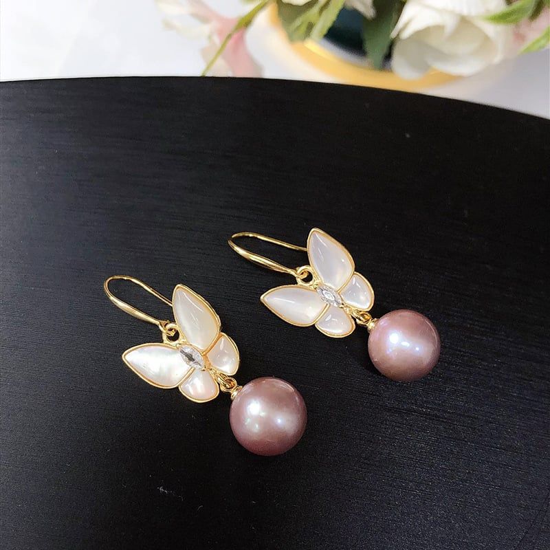 Bông Tai Ngọc Trai Tím Tự Nhiên Bạc s925 Mạ Vàng Thật 18K Dáng Bướm Hồ Điệp MADAME HIEN PEARLS BTT065