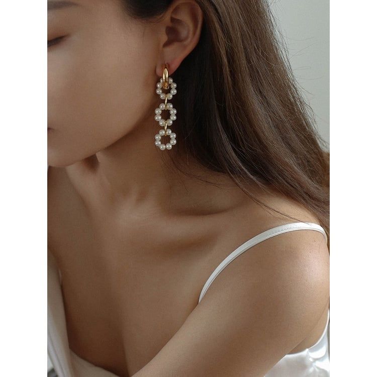 Bông Tai Ngọc Trai Tự Nhiên Dáng 3 Vòng Tròn Kết Tua Rua Phong Cách Vintage MADAME HIEN PEARLS BTT084