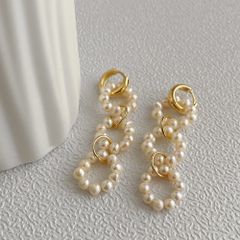 Bông Tai Ngọc Trai Tự Nhiên Dáng 3 Vòng Tròn Kết Tua Rua Phong Cách Vintage MADAME HIEN PEARLS BTT084