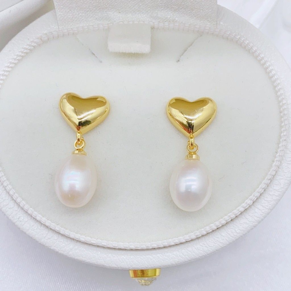 Bông Tai Ngọc Trai Tự Nhiên Mặt Trái Tim Tua Rua Ngọc Trai Hạt Gạo Đáng Yêu MADAME HIEN PEARLS BTG029