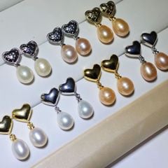 Bông Tai Ngọc Trai Tự Nhiên Mặt Trái Tim Khứa Tua Rua Ngọc Trai Hạt Gạo Đáng Yêu MADAME HIEN PEARLS BTG029B