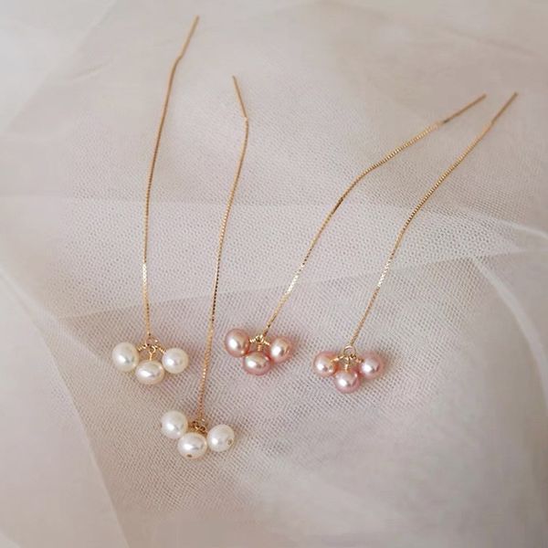 Bông Tai Ngọc Trai Tự Nhiên Tua Rua Dài Đính 3 Hạt Ngọc Trai Nhí Thanh Lịch MADAME HIEN PEARLS Cho Nữ BTT110