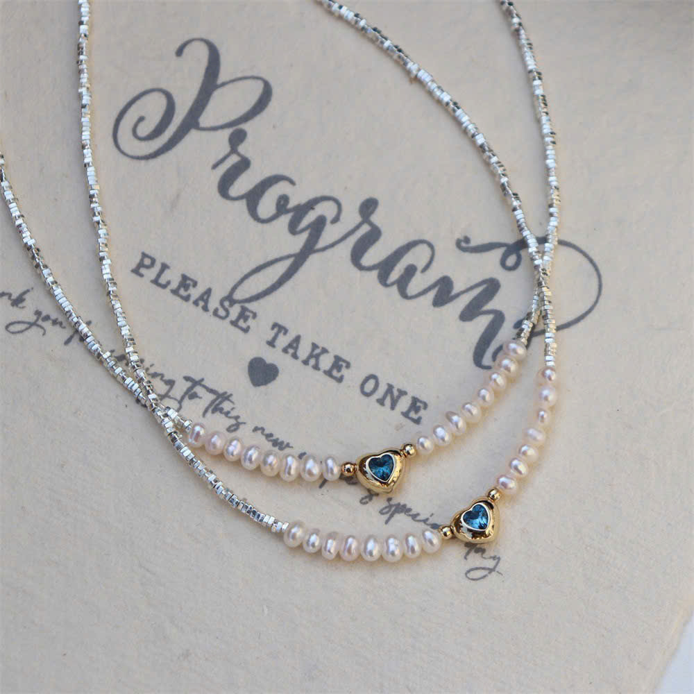 Vòng Cổ Ngọc Trai Nước Ngọt Mặt Trái Tim Đá Zircon Xanh Phong Cách Cổ Điển Kiểu Pháp MADAME HIEN PEARLS MT048