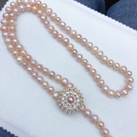 Vòng Cổ Ngọc Trai Tự Nhiên 8-9mm Dài 80cm Khoá Hoa Hướng Dương Đính Đá Long Lanh Sang Trọng MADAME HIEN PEARLS Cho Nữ CT062