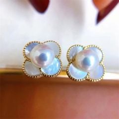 Bông Tai Ngọc Trai Tự Nhiên Cỏ 4 Lá Trắng Xà Cừ Hoạ Tiết LV MADAME HIEN PEARLS Thời Trang Nữ BTN190