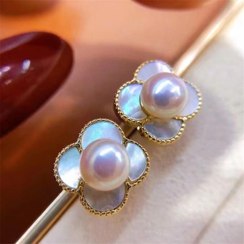 Bông Tai Ngọc Trai Tự Nhiên Cỏ 4 Lá Trắng Xà Cừ Hoạ Tiết LV MADAME HIEN PEARLS Thời Trang Nữ BTN190