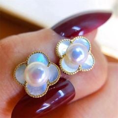 Bông Tai Ngọc Trai Tự Nhiên Cỏ 4 Lá Trắng Xà Cừ Hoạ Tiết LV MADAME HIEN PEARLS Thời Trang Nữ BTN190