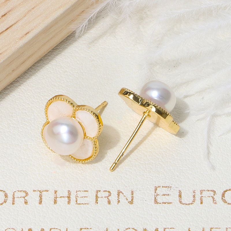 Bông Tai Ngọc Trai Tự Nhiên Cỏ 4 Lá Trắng Xà Cừ Hoạ Tiết LV MADAME HIEN PEARLS Thời Trang Nữ BTN190