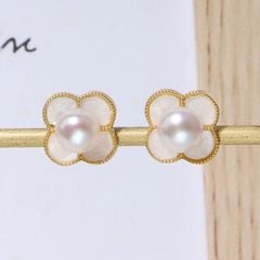 Bông Tai Ngọc Trai Tự Nhiên Cỏ 4 Lá Trắng Xà Cừ Hoạ Tiết LV MADAME HIEN PEARLS Thời Trang Nữ BTN190