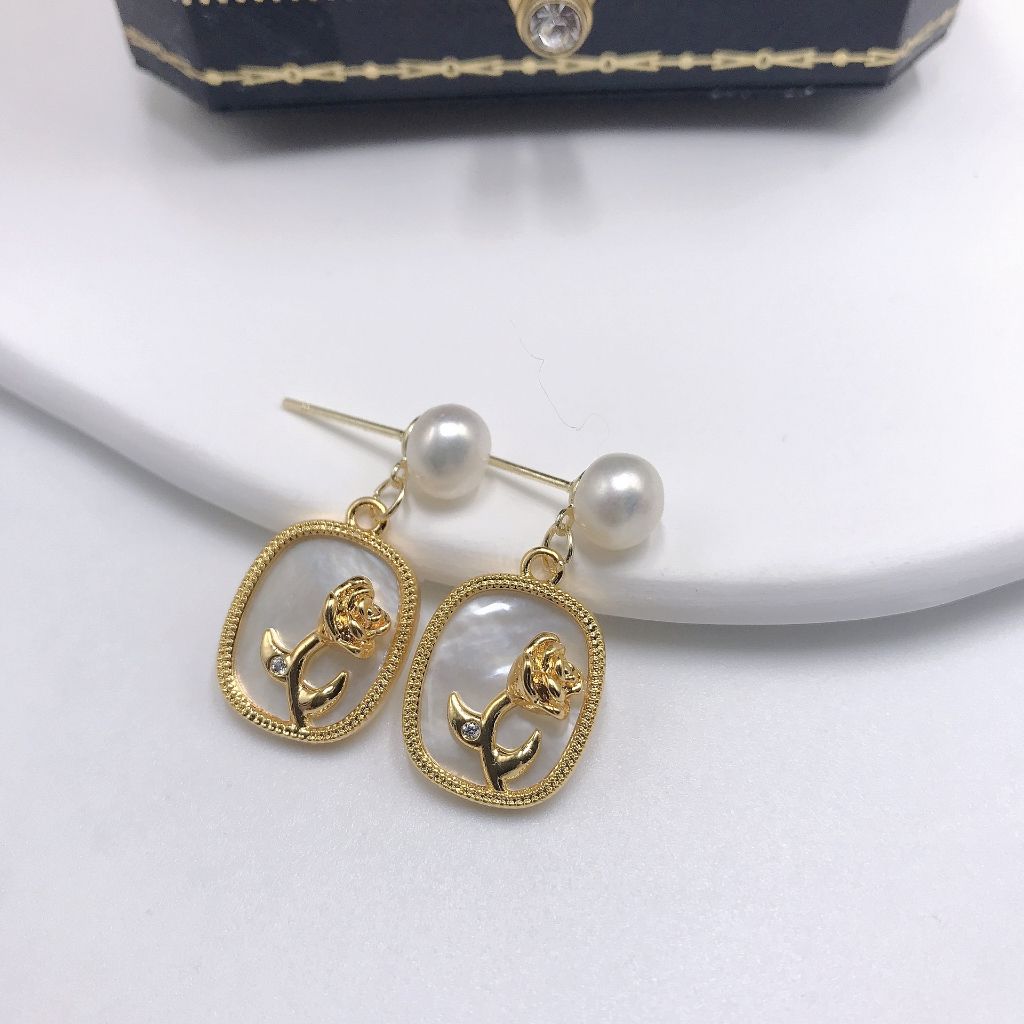 Bông Tai Ngọc Trai Tự Nhiên Khung Kim Bạc s925 Đính Bướm Vỏ Sò Khung Chữ Nhật Sang Trọng BTN051