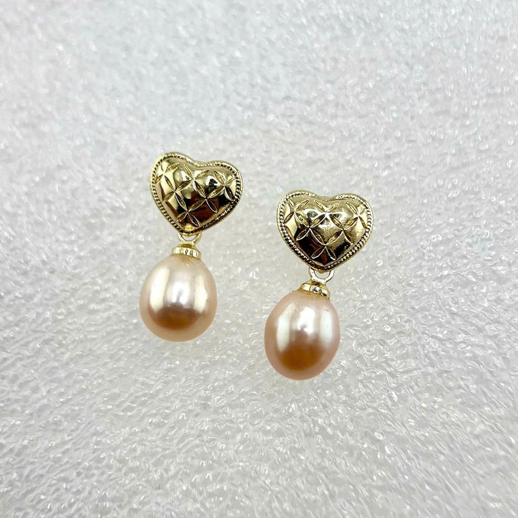 Bông Tai Ngọc Trai Tự Nhiên Mặt Trái Tim Khứa Tua Rua Ngọc Trai Hạt Gạo Đáng Yêu MADAME HIEN PEARLS BTG029B