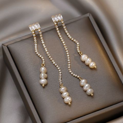 Bông Tai Kim Bạc s925 Tua Rua Kim Cương Đá Quý Dài Đính 3 Hạt Ngọc Trai Tự Nhiên MADAME HIEN PEARLS