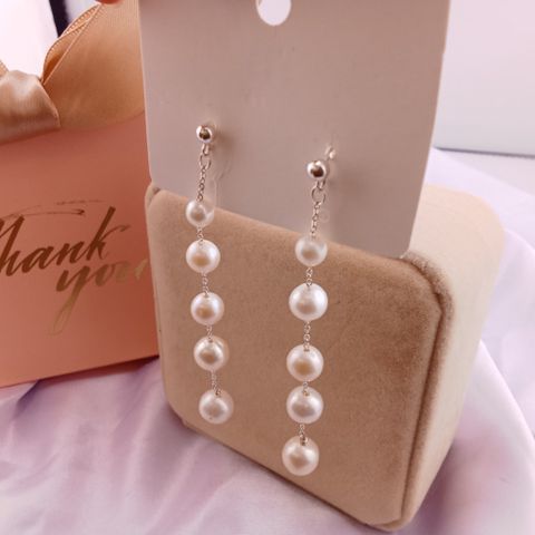 Bông Tai Ngọc Trai Tòn Teng 5 Hạt Tròn MADAME HIEN PEARLS Bạc Ta Điệu Đà, Phong Cách Hàn Quốc BTT005