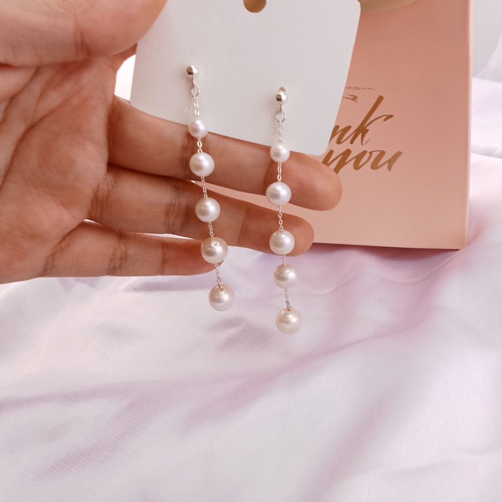 Bông Tai Ngọc Trai Tòn Teng 5 Hạt Tròn MADAME HIEN PEARLS Bạc Ta Điệu Đà, Phong Cách Hàn Quốc BTT005