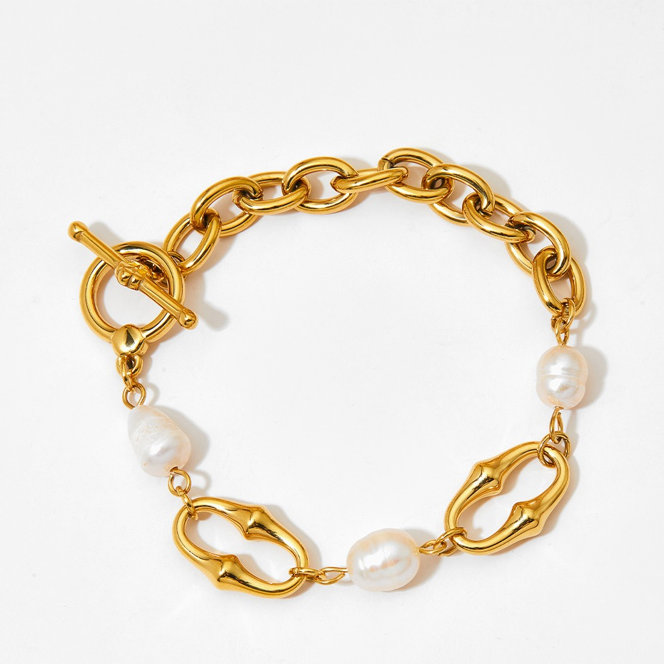 Vòng Tay Chuỗi Xích Thô Thép Titan Đính Ngọc Trai Tự Nhiên MADAME HIEN PEARLS Mạnh Mẽ Cá Tính VTT033