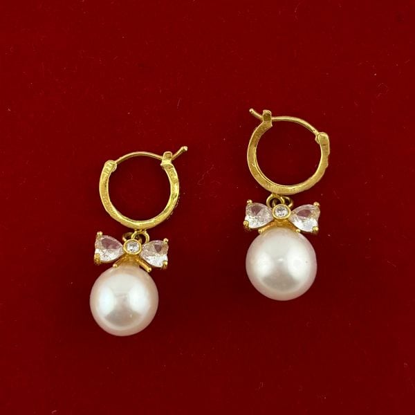 Bông Tai Vàng Thật 10K 4'3 Móc Tròn Tua Rua Nơ Pha Lê Đính 1 Hạt Ngọc Trai 9mm Tròn Cao Cấp MADAME HIEN PEARLS  V10BTT006