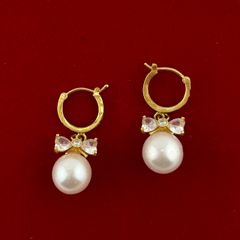 Bông Tai Vàng Thật 10K 4'3 Móc Tròn Tua Rua Nơ Pha Lê Đính 1 Hạt Ngọc Trai 9mm Tròn Cao Cấp MADAME HIEN PEARLS  V10BTT006