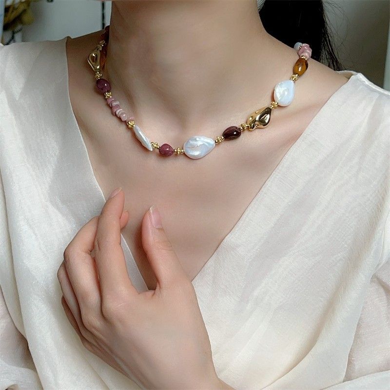 Set Vòng Cổ Choker và Vòng Tay Ngọc Trai Tự Nhiên Phối Đá Hồng Ngọc Phong Cách Boho MADAME HIEN PEARLS