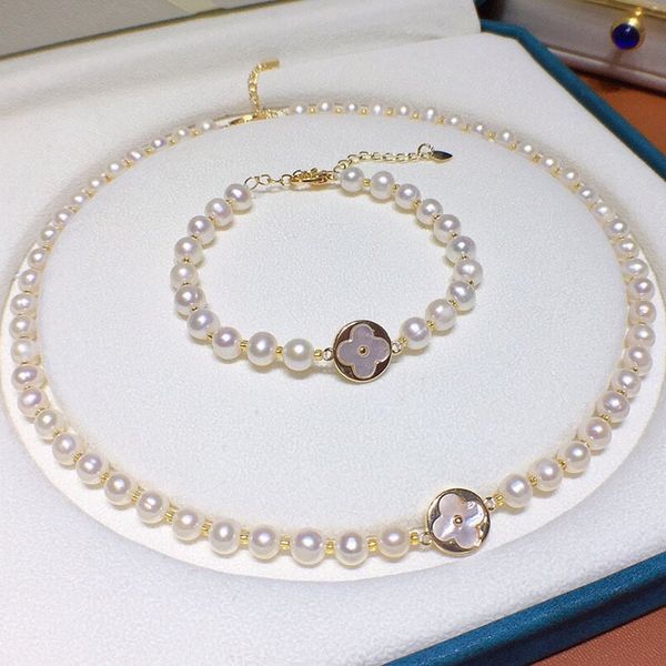 Bộ Set Ngọc Trai Hạt Tròn 6-7mm Khoá Dây Có Thể Điều Chỉnh Mặt Cỏ 4 Lá Phong Cách Van Cleef & Arpels
