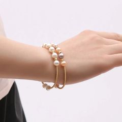 Vòng Tay Dạng Còng Cứng Mặt Đính 6 Hạt Ngọc Trai Nước Ngọt Tự Nhiên Dây Xoắn Freesize VTT012