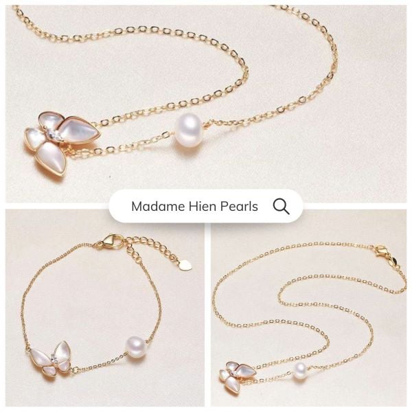 Set Trang Sức Gồm Vòng Cổ và Vòng tay Đính Ngọc Trai Tự Nhiên Và Bướm MADAME HIEN PEARL Thời Trang Nữ SCT041