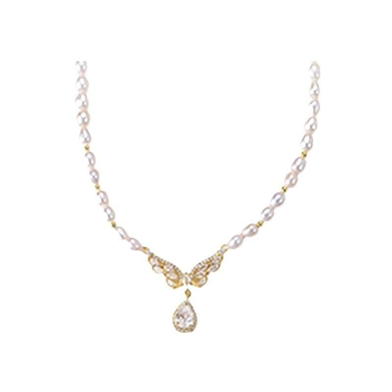 Vòng Cổ Choker Ngọc Trai Hạt Gạo Mặt Cánh Bướm Cẩn Zircon Tua Rua Viên Đá Zircon Giọt Nước Sang Trọng MADAME HIEN PEARLS Cho Nữ CG074