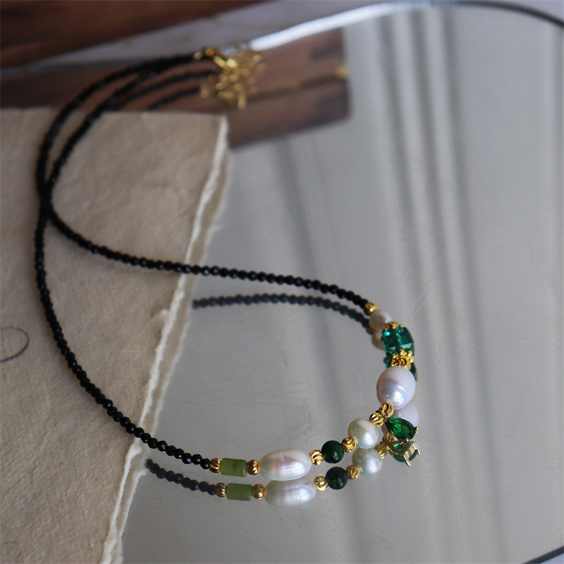 Vòng cổ Ngọc Trai Boho Nam Tính Phối Pha Lê Đen MADAME HIEN PEARL MG016