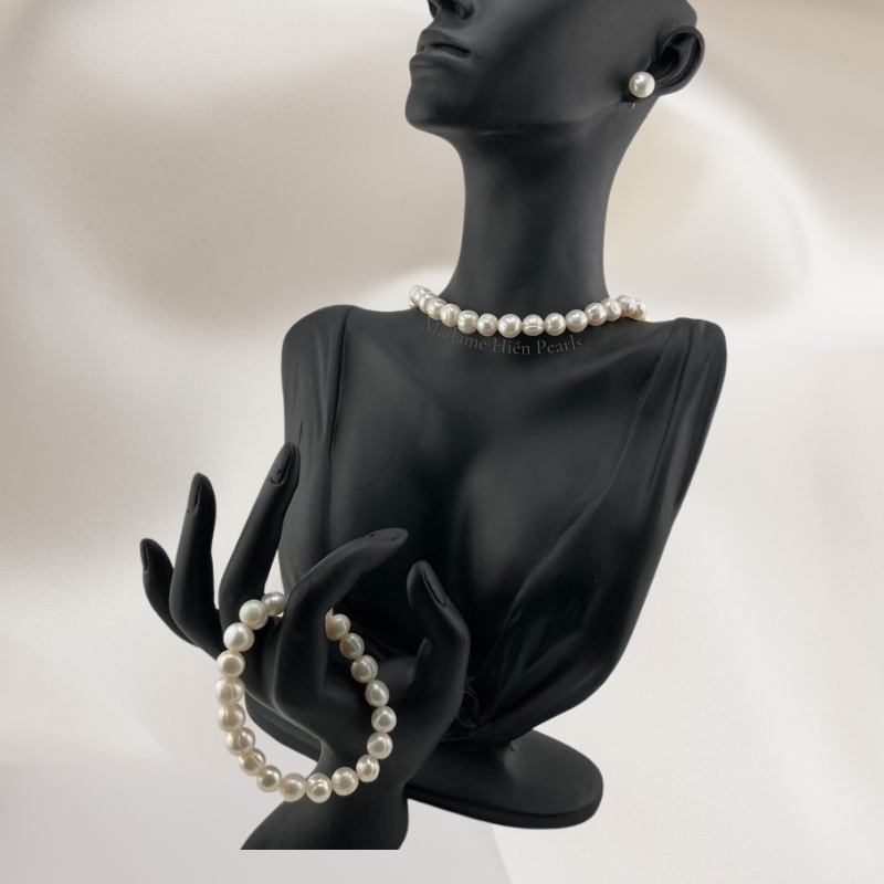 Bộ Choker Vòng Cổ và Vòng Tay Ngọc Trai Tự Nhiên 9-10mm sành điệu cá tính tặng hộp nữ trang nhung sang trọng làm quà tặng cao cấp