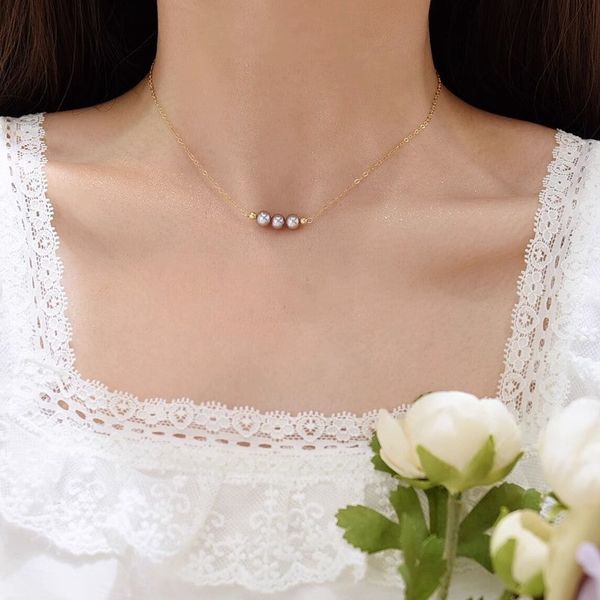 Vòng cổ Titan Mặt 3 Hạt Ngọc Trai Tối Giản MADAME HIEN PEARLS MT011