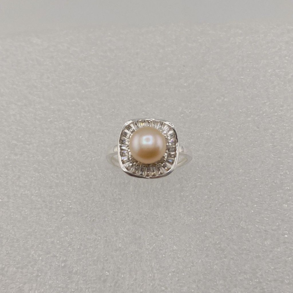 Nhẫn Bạc Ý s925 Đính Ngọc Trai Tự Nhiên 7-8mm Mặt Vuông Đính Đá Zircon BYNN002
