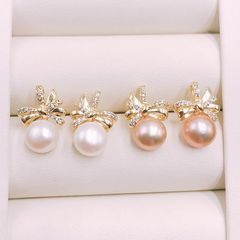 Bông Tai Ngọc Trai Tự Nhiên Kim Bạc Ý s925 Dáng Nơ Đáng Yêu MADAME HIEN PEARLS BTN047