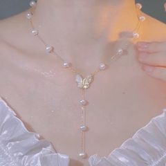 Vòng Cổ Dây Chuyền Điểm Hạt Ngọc Trai Tự Nhiên Mặt Hoa 5 Cánh Nối Tua Rua Dài Sành Điệu MADAME HIEN PEARLS Cho Nữ CT067