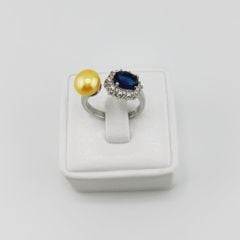 Nhẫn Ngọc Trai Tự Nhiên Đính Đá Quý Sapphire  Sang Trọng MADAME HIEN PEARLS Unisex Nam Nữ NN064