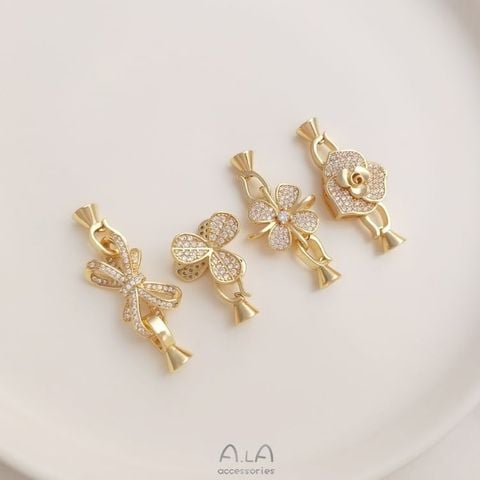 Khóa Cài Mặt Dây Chuyền Hình Nơ Hồng Zircon Mạ Vàng 14K Đính Ngọc Trai diy Màu Sắc Đa Dạng