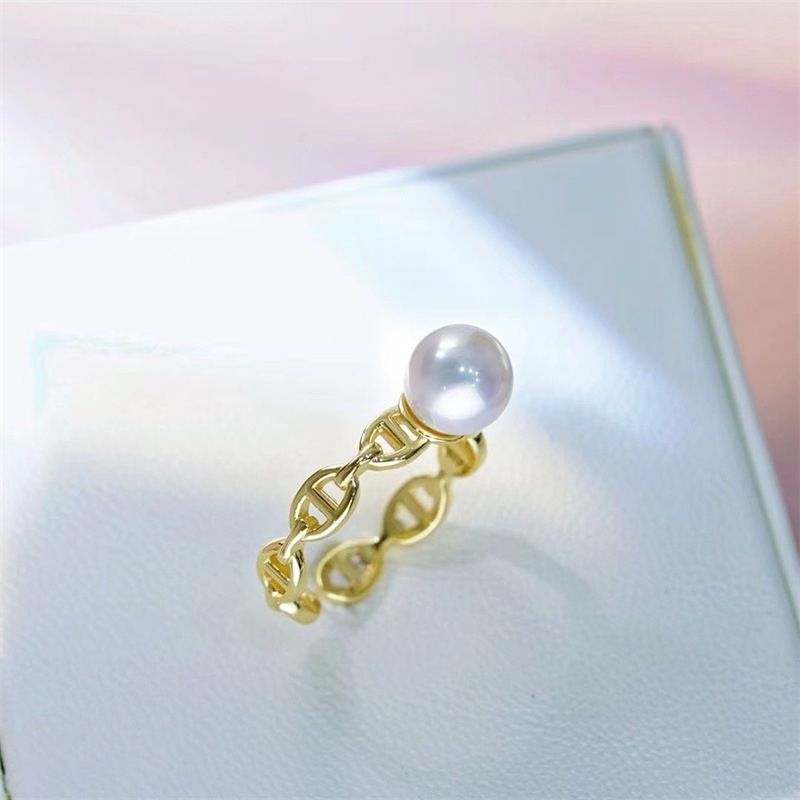 Nhẫn Ngọc Trai Tự Nhiên Mắt Xích Mõm Lợn Phong Cách Cá Tính Hở Freesize MADAME HIEN PEARLS NN123