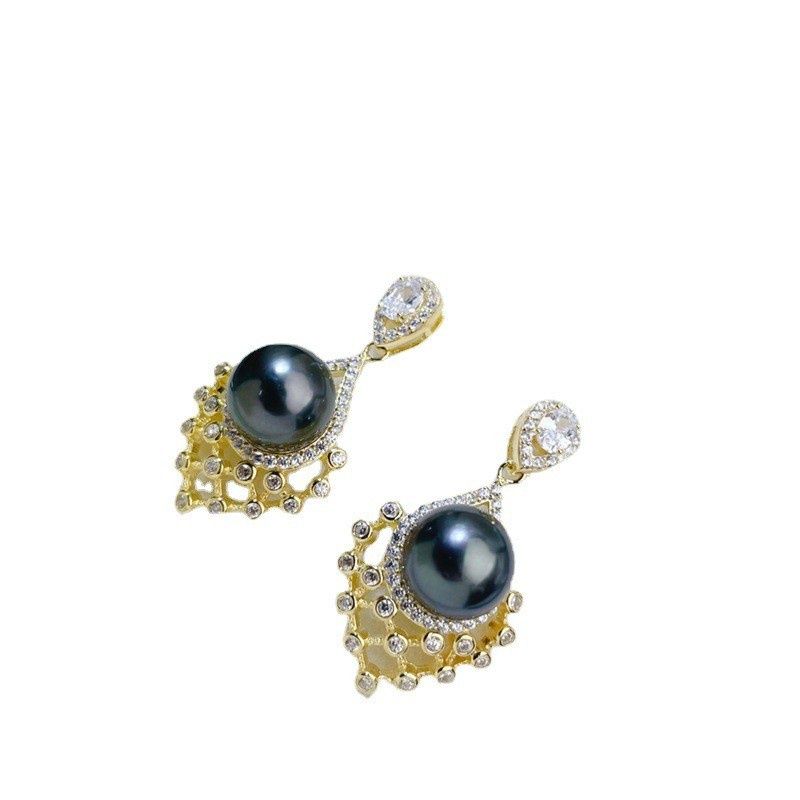 Bông Tai Ngọc Trai Đen Tự Nhiên Kim Bạc s925 Mạ Vàng Thật 18K Đan Lưới Phong Cách Cổ Điển MADAME HIEN PEARLS BTN148