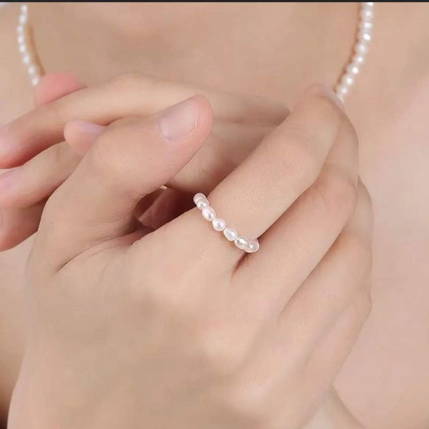 Nhẫn Chuỗi Ngọc Trai Tự Nhiên Tí Hon 3-4mm Cham Bi Vàng Tối Giản Đáng Yêu NG004