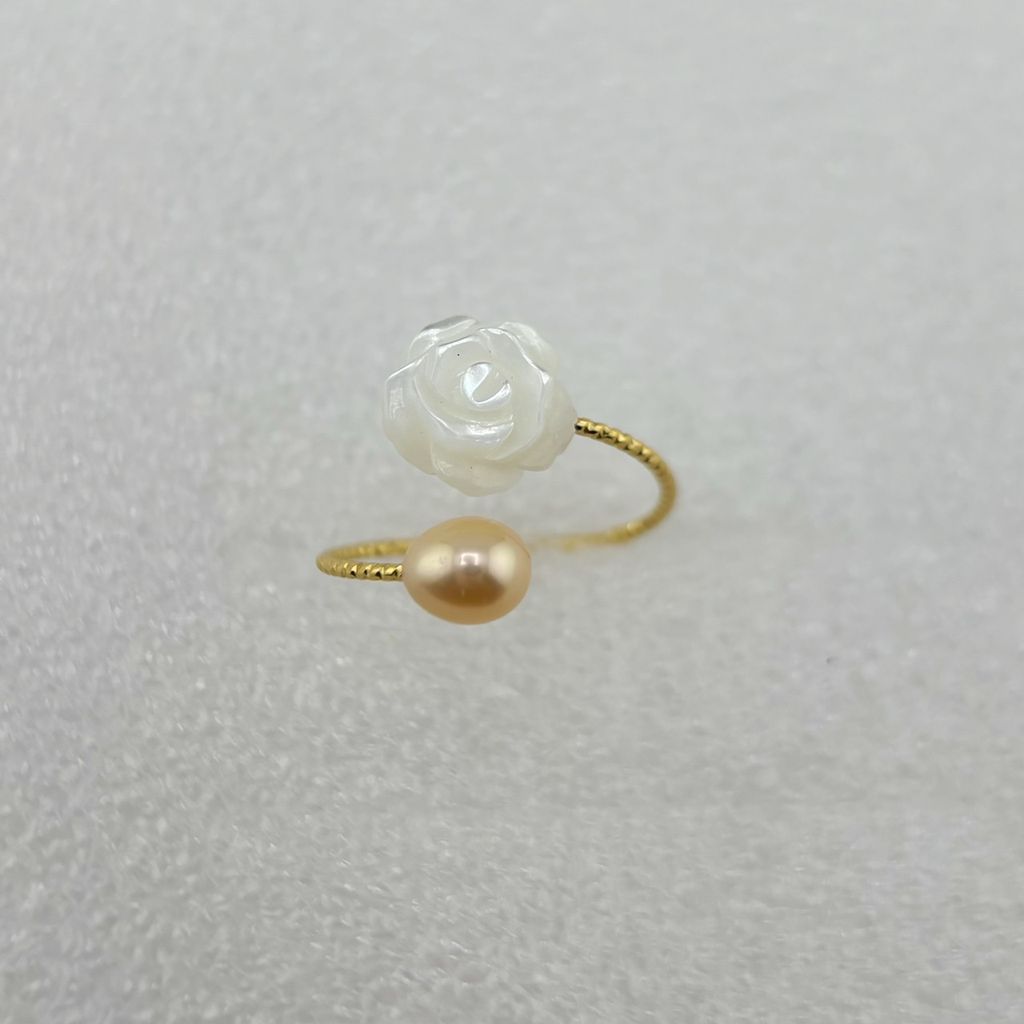 Nhẫn Xoắn Hở Hoa Hồng Phối Đính Ngọc Trai Tự Nhiên Freesize MADAME HIEN PEARLS NG007