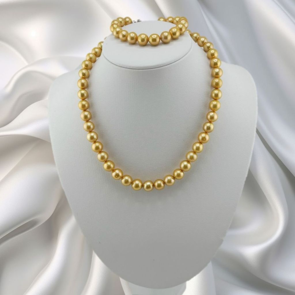 Bộ Set Ngọc Trai Vòng cổ + Vòng Tay Bộ Trang Sức Ngọc Trai Vàng Tự Nhiên 9-10mm Cao Cấp MADAME HIEN PEARLS SPS097