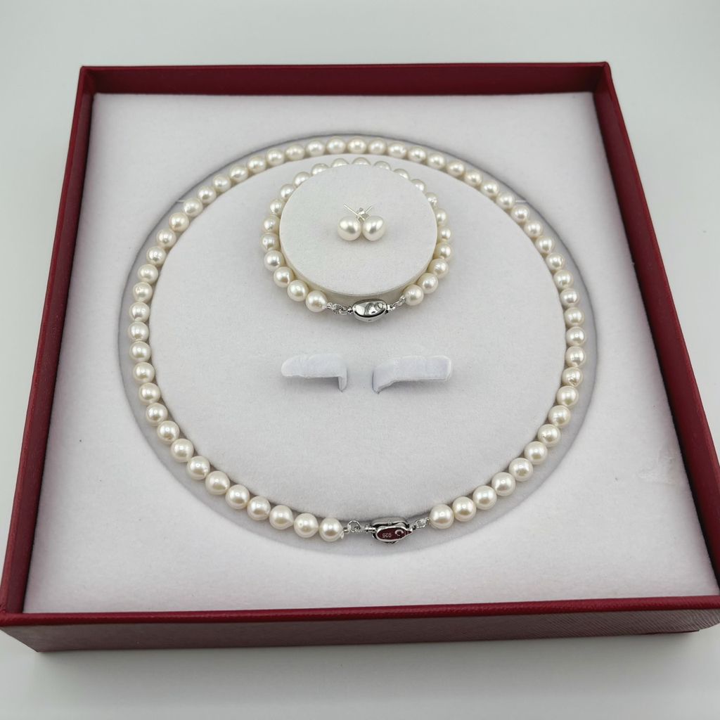 Set Bộ Trang Sức Ngọc Trai Tròn Tự Nhiên Hạt Đẹp 6-7mm Gồm Vòng cổ và Vòng Tay MADAME HIEN PEARLS SCT017
