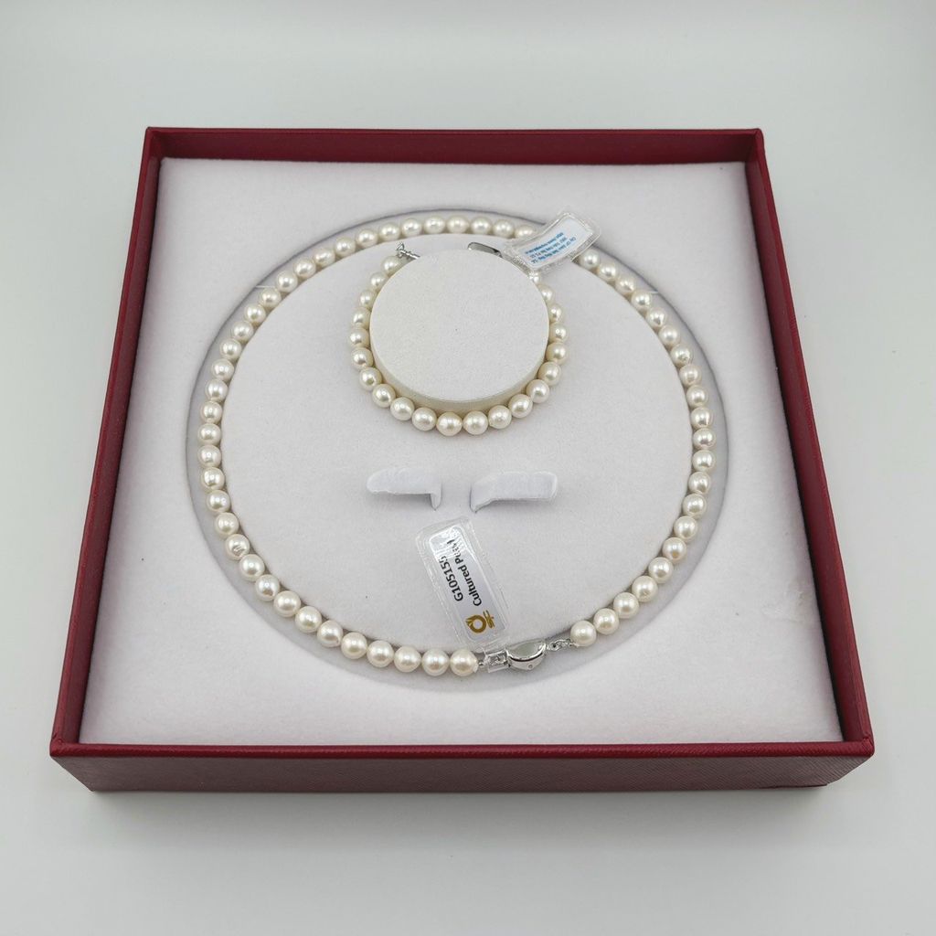 Set Bộ Trang Sức Ngọc Trai Tròn Tự Nhiên Hạt Đẹp 6-7mm Gồm Vòng cổ và Vòng Tay MADAME HIEN PEARLS SCT017