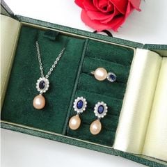 Bộ Set Ngọc Trai Vòng cổ + Nhẫn + Bông Tai Bộ Trang Sức Ngọc Trai Tự Nhiên Phối Đá Sapphire Xanh Hoàng Gia Thời Trang MADAME HIEN PEARLS SPS077