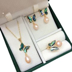 Bộ Set Ngọc Trai Vòng cổ + Nhẫn + Bông Tai Bộ Trang Sức Ngọc Trai Tự Nhiên Hình Bướm Xà Cừ Vỏ Bàu Ngư MADAME HIEN PEARLS SPS080