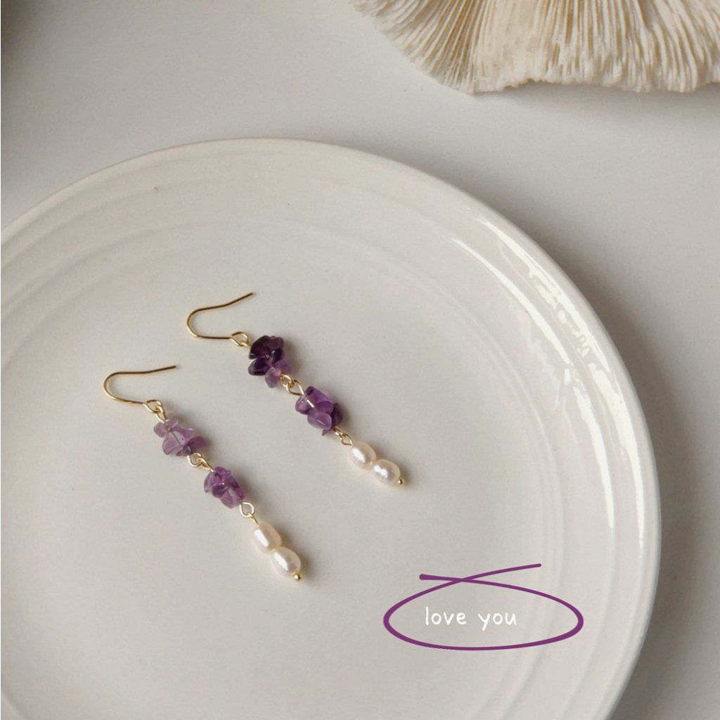 Bông Tai Ngọc Trai Tua Rua Phối Đá Thạch Anh Tím Tự Nhiên MADAME HIEN PEARLS BTG064