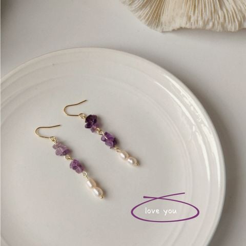 Bông Tai Ngọc Trai Tua Rua Phối Đá Thạch Anh Tím Tự Nhiên MADAME HIEN PEARLS BTG064