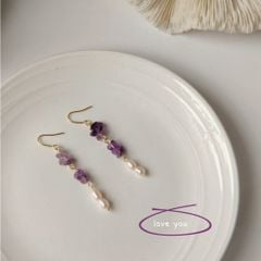 Bông Tai Ngọc Trai Tua Rua Phối Đá Thạch Anh Tím Tự Nhiên MADAME HIEN PEARLS BTG064