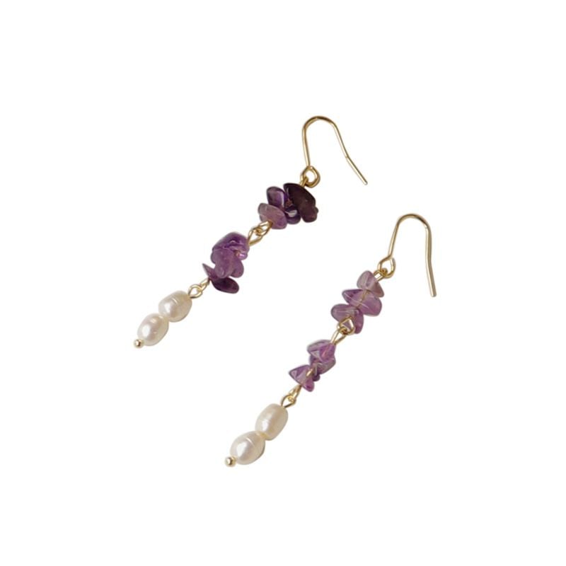 Bông Tai Ngọc Trai Tua Rua Phối Đá Thạch Anh Tím Tự Nhiên MADAME HIEN PEARLS BTG064